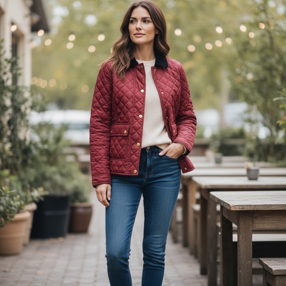 J Crew Quilted Down Jacket XS Burgundy riding equestrian preppy